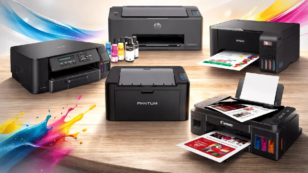 Comparativo das melhores impressoras para home office em 2026, incluindo modelos tanque de tinta e laser das marcas Epson, Brother, HP, Canon e Pantum.