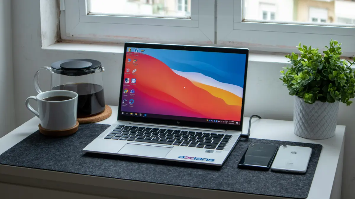 Notebook aberto sobre mesa de trabalho com mousepad, xícara de café e planta ao fundo — guia como escolher um notebook em 2026