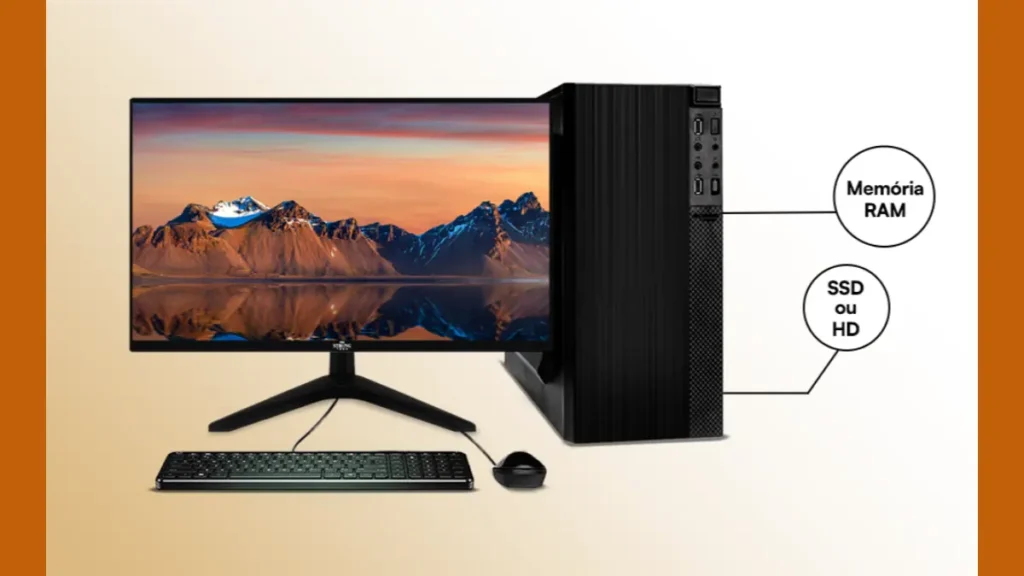Visão Frontal do Computador Intel Core i7 com seus periféricos e entradas SSD