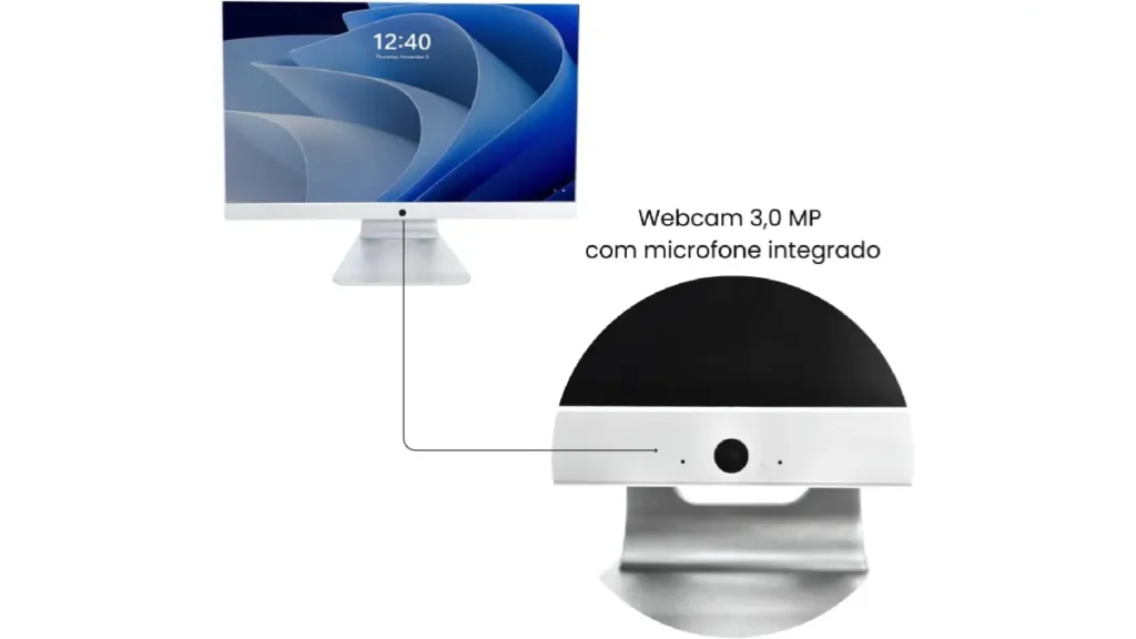 Webcam 3,0 MP com microfone integrado do Computador All-in-One Grasep Maximus D-AI12, destacando o detalhe frontal da câmera para videochamadas